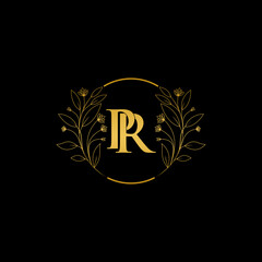 Golden floral letter P and R logo Icon, Luxury alphabet font initial design isolated on black background