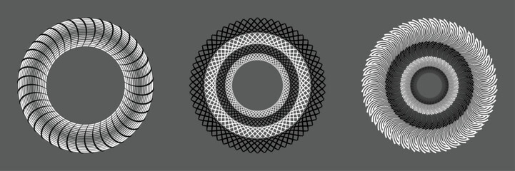 An abstract circular pattern crafted from geometric lines in shades of gray, white, and black. This chic vector design element harmonizes beautifully with frames, logos, signs, and ornamental designs.