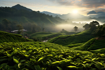 tea plantation in the hills. beautiful tea plantation view - obrazy, fototapety, plakaty