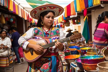 Paint the vibrancy of a Mexican mercado with handmade crafts and mariachi music.
