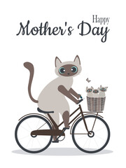 Mother's Day greeting card. A cute mother Siamese cat carries her little kittens in a basket on a bicycle. Vector.