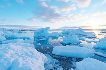 Fototapeta na wymiar Icy sea with snow-covered rocks and icebergs, winter scenery. Generative AI