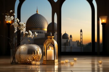 Eid mubarak and ramadan kareem greetings with islamic lantern and mosque. Eid al fitr background