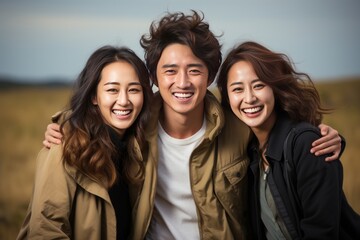 Portrait of a man and two women while smiling - obrazy, fototapety, plakaty