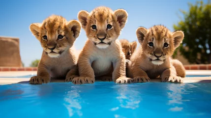 Gordijnen Group of cute lion cubs on a white background © Ghazanfar