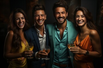 Two men in suits and two women in dresses smile holding wine glasses - obrazy, fototapety, plakaty