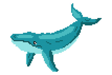 Vector pixel art blue whale icon isolated on white background. Old 8 bit game style element