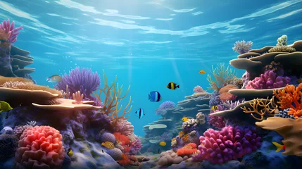 Fototapeten Ocean coral reef underwater. Sea world under water background. Fish swimming in coral reef © Fiva