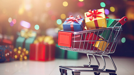 Shopping cart with christmas gift boxes and gifts - obrazy, fototapety, plakaty