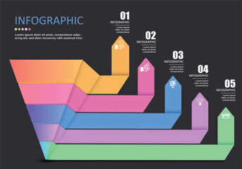 Vector infographic on a gray-black background,inverted triangles divided into 5 layers,with 5 directional arrows showing 5 numbers, steps for presentations in education,finance,banking and management.