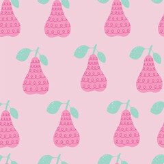 Seamless pattern with pink pears. Kids pattern. Vector illustration on light pink pattern.