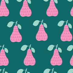 Seamless pattern with cute pink pears on green background. Vector illustration.