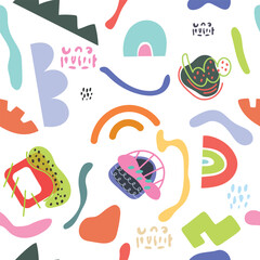 Seamless pattern with cute geomertic figure, dots, spots, line, grunge. Cartoon vector illustration.