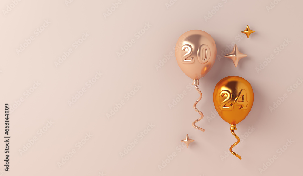 Wall mural Happy new year 2024 decoration background with balloon, copy space text, 3D rendering illustration - Wall murals