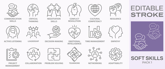 Soft skills icons, such as leadership, teamwork, problem solving, empathy and more. Editable stroke.
