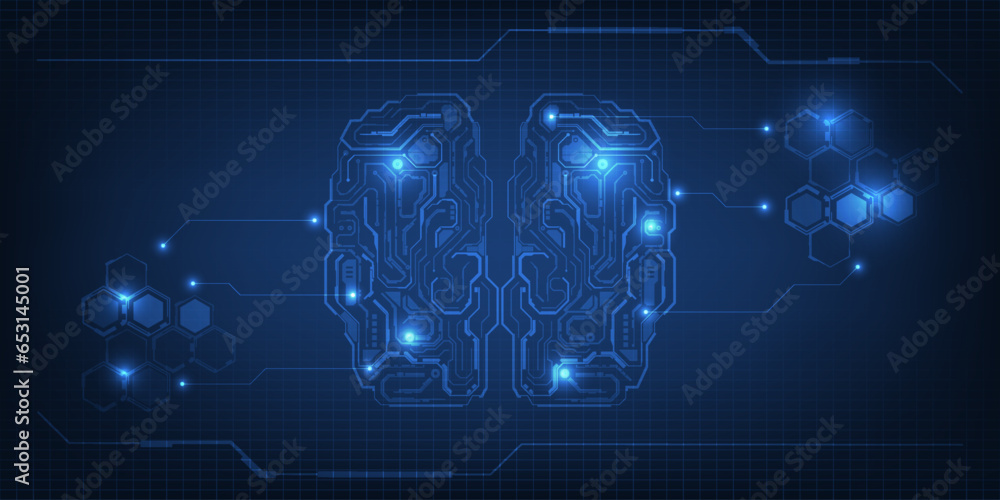 Poster vector illustration of digital circuit network in brain shaped.digital data communication innovation