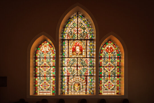 Stained glass windows with Martin Luther in the Felsenkirche, the iconic church on the rocks in Luderitz, Namibia, They were gifted by the German Emperor Wilhelm II