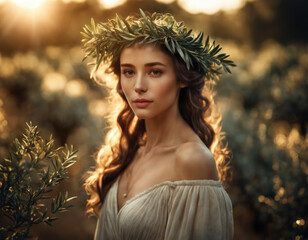Young woman wearing a traditional olive wreath. AI generation