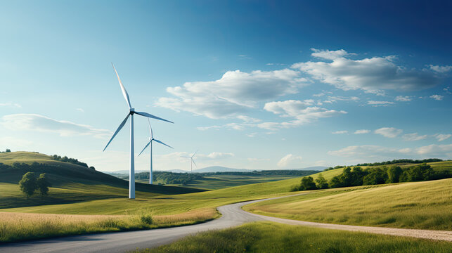 wind farm along a rural country road, renewable energy wallpaper, clean power banner, electricity generation, scenic field blue sky, space for your text, AI