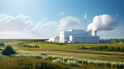 Fototapeta na wymiar factory releasing smoke from its stacks in large green field, greenery landscape whit blue sky, clean energy, neutral emissions wallpaper, AI 