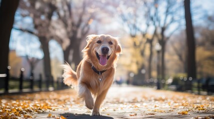 Golden Retriever dog enjoying outdoors at a large park at sunset, beautiful golden light