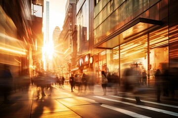 The golden hue of sunset illuminates a bustling shopping street, where a long exposure captures blurred pedestrians in ceaseless motion, juxtaposed against static store facades