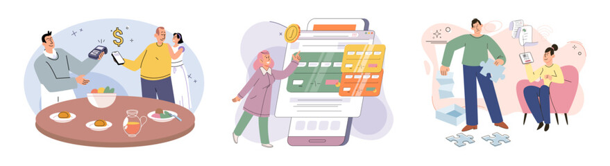 Cashless payment. Vector illustration. Mobile wallets cstore multiple payment methods for added convenience Online and mobile payment options are available 24 7, allowing for anytime transactions