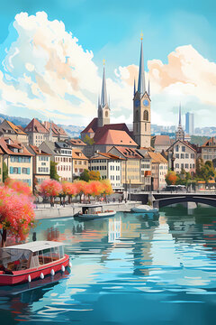 Illustration of beautiful view of the city of Zurich, Switzerland