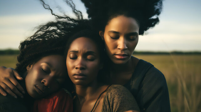 A powerful image depicting the resilience and struggles of black bisexual women in rural areas could show a diverse group of individuals embracing and comforting one another