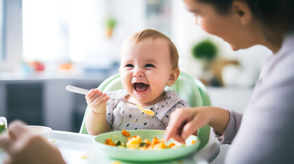 a baby comfortably sitting in a high chair, eagerly eating a colorful plate of mashed fruits and vegetables, as a parent lovingly feeds them with a small spoon