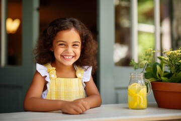 happy african american little girl with lemonade at summer cafe - obrazy, fototapety, plakaty