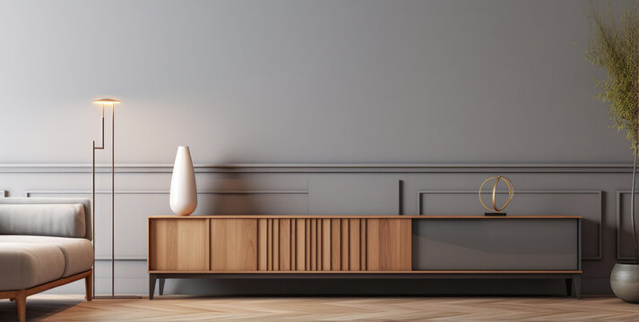 Wooden cabinet in a minimalist luxury living room