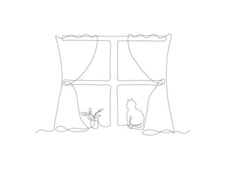abstract cat sitting on the window continuous one line art. Cozy winter, autumn, sweet home