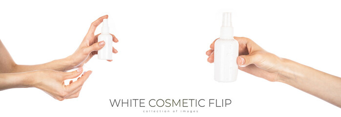 White cosmetic spray bottle in female hands isolated on white background. - obrazy, fototapety, plakaty