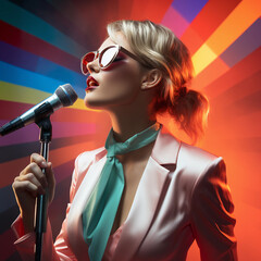 Woman singer with a microphone on a colorful background