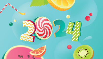 Happy new year 2024 holiday background with 3d numbers 2024 and pieces of fruits in juicy colors. Vector illustration