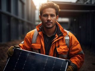 Technician, worker carrying solar panel ready to install on the rooftop. Alternative, renewable clean energy ecological concept.