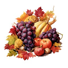 Naklejka na ściany i meble Harvest of autumn crops isolated on white background, Watercolor style, Exquisite and magnificent masterpieces Generative AI