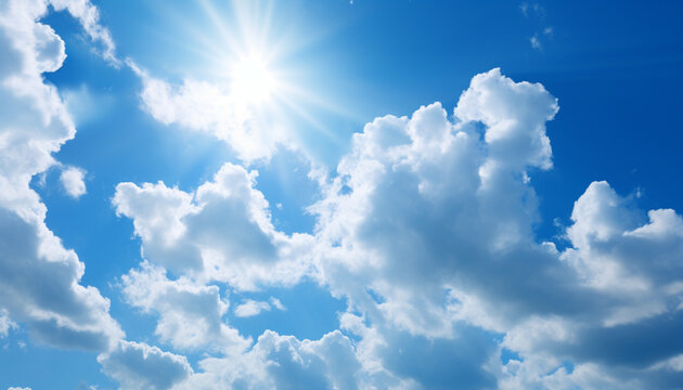 A blue sky with some clouds and a backlit sun
