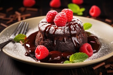 plate of chocolate lava cake with rasperries (Generative AI)