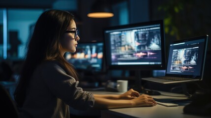 Shot of concentrated young business woman working with laptop in the office at night.