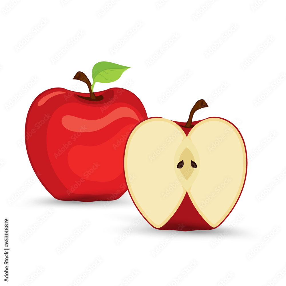 Wall mural Set of apples fruit, apple with leave in vector and various styles. Two Fresh apple fruit cut object, element on isolated white background, healthy fruits concept