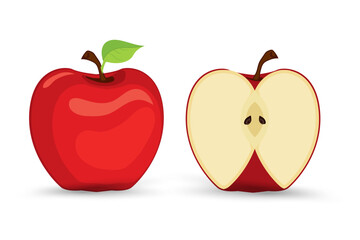 Two Fresh apple fruit cut object, element on isolated white background, healthy fruits concept, and Set of apples fruit, apple vector, illustration