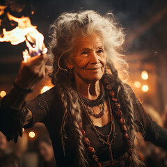 Elder ethnic shamanic woman with fire