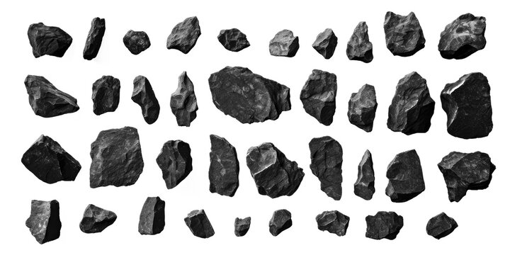 Black rock boulders, isolated background. Transparent PNG.