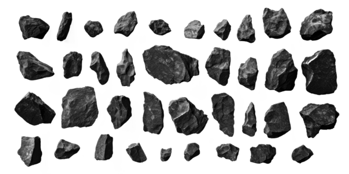 Black rock boulders, isolated background. Transparent PNG.