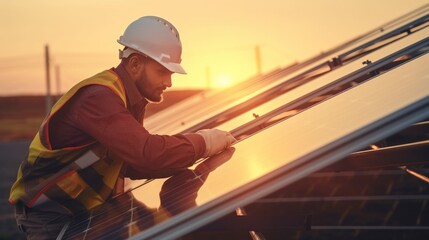 Technical engineer checking and installing solar panel, clean energy.