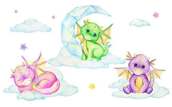 cute dragons, clouds, moon, stars. Watercolor set of cliparts, in cartoon style, on an isolated background. © Natalia
