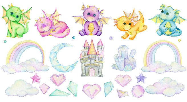 Fairy dragons, castle, moon, rainbow, clouds, crystals. Watercolor set, symbols, new year, on an isolated background.