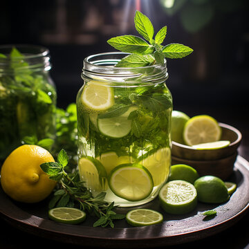 Cold drink with basil, cucumber and lime, Generative AI